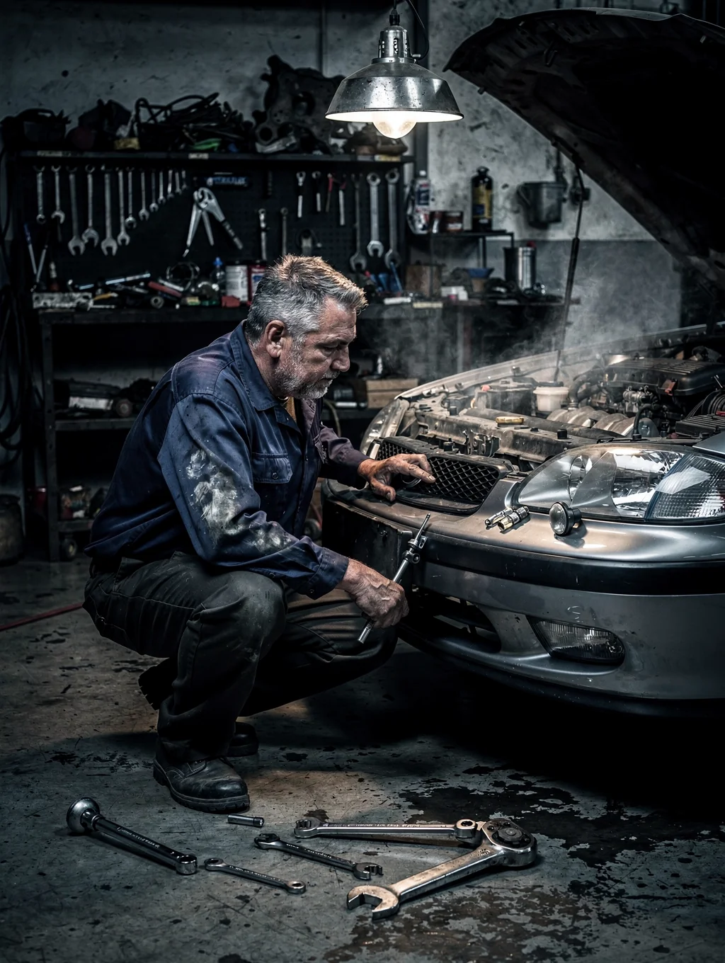 Mechanic inspecting heavy machinery for quality assurance